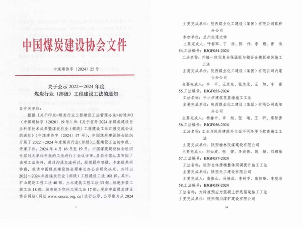 陜煤建設(shè)榆林公司喜獲省部級(jí)工程建設(shè)工法