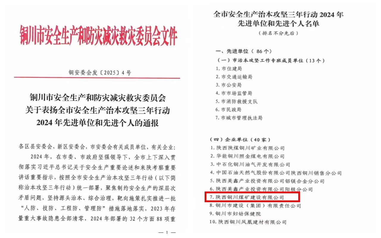 喜報(bào)！陜煤建設(shè)銅煤公司獲評(píng)“銅川市安全生產(chǎn)治本攻堅(jiān)三年行動(dòng)2024年先進(jìn)單位”